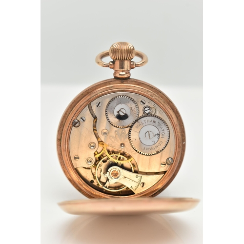 110 - A 'WALTHAM' ROLLED GOLD FULL HUNTER POCKET WATCH, manual wind, round white dial signed 'Waltham U.S.... 