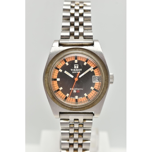 115 - A GENTS 'TISSOT ELECTRONIC' WRISTWATCH, round silver dial with orange outer rim, dial signed 'Tissot... 