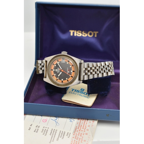 115 - A GENTS 'TISSOT ELECTRONIC' WRISTWATCH, round silver dial with orange outer rim, dial signed 'Tissot... 