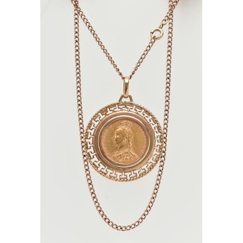 117 - AN 1890 FULL SOVEREIGN PENDANT NECKLACE, depicting Queen Vicotria obverse, George and The Dragon rev... 