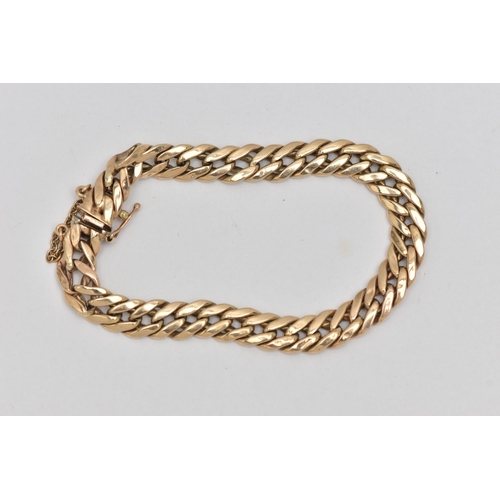 120 - A 9CT GOLD CURB LINK BRACELET, hollow links, fitted with a push piece, integrated clasp, with figure... 