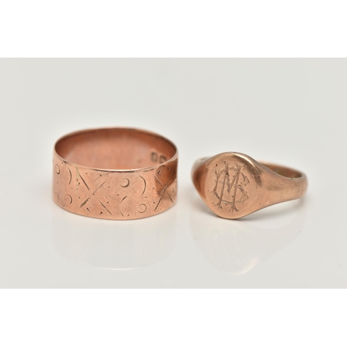 126 - TWO 9CT GOLD RINGS, to include a late Victorian 9ct rose gold wide band ring, worn pattern, approxim... 