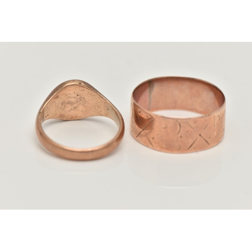 126 - TWO 9CT GOLD RINGS, to include a late Victorian 9ct rose gold wide band ring, worn pattern, approxim... 