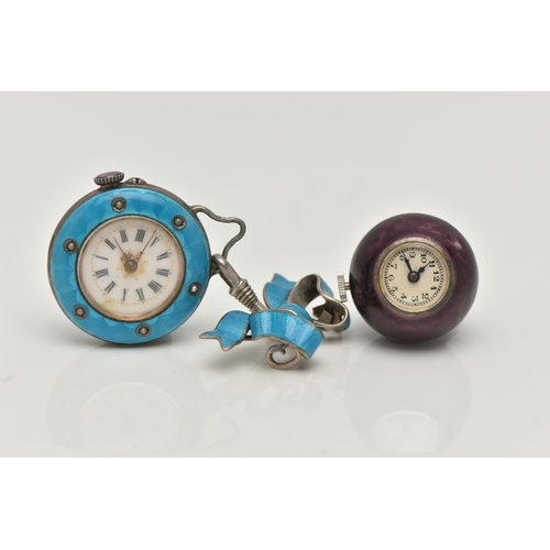 128 - TWO ENAMEL FOB WATCHES, the first a white metal light blue guilloche enamel fob watch with small spl... 