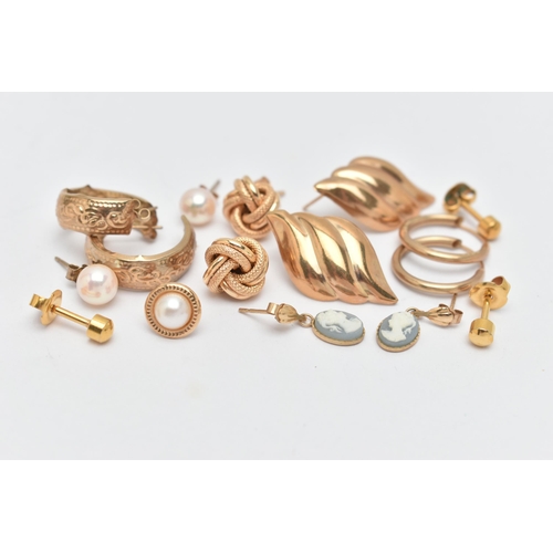 129 - ASSORTED EARRINGS, to include a pair of 9ct gold knot stud earrings, post and scroll fittings, hallm... 