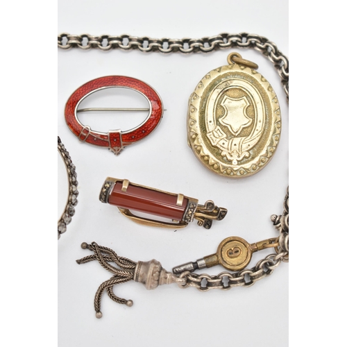 133 - AN ASSORTMENT OF JEWELLERY ITEMS, to include a silver and red enamel buckle brooch 'Arthur Johnson S... 