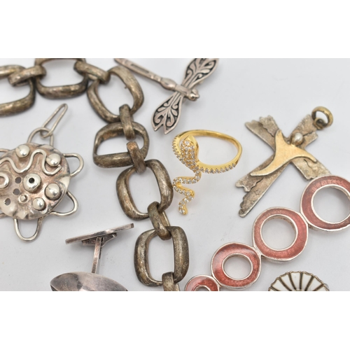 138 - A SMALL ASSORTMENT OF JEWELLERY, to include a pair of Danish clip on daisy earrings, stamped 'AM' st... 