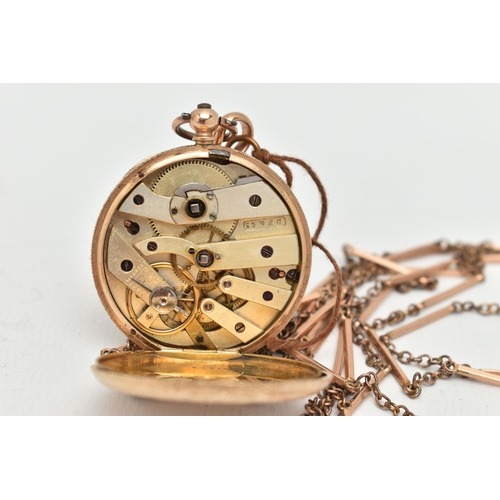 14 - A YELLOW METAL POCKET WATCH AND LONGUARD CHAIN, key wound half hunter pocket watch, floral and folia... 