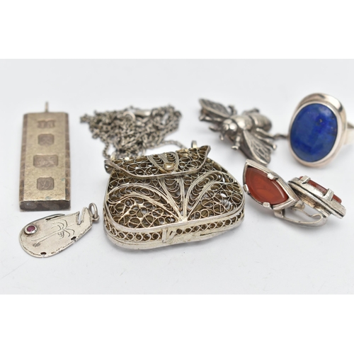 141 - A SMALL ASSORTMENT OF SILVER AND WHITE METAL JEWELLERY, to include a silver ingot pendant, hallmarke... 