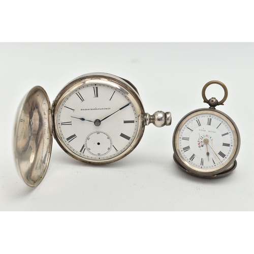 142 - TWO WHITE METAL POCKET WATCHES, the first a full hunter, key wound movement, dial signed 'Elgin natl... 