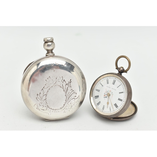 142 - TWO WHITE METAL POCKET WATCHES, the first a full hunter, key wound movement, dial signed 'Elgin natl... 