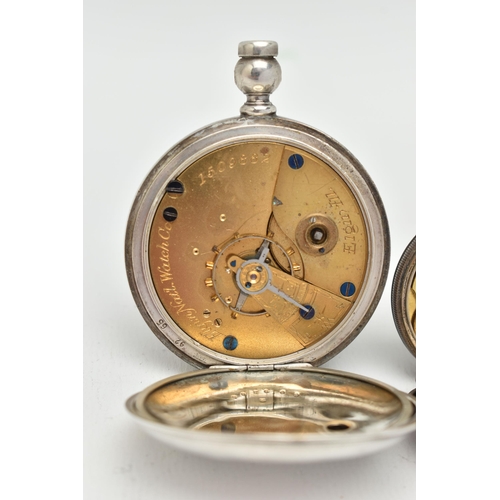 142 - TWO WHITE METAL POCKET WATCHES, the first a full hunter, key wound movement, dial signed 'Elgin natl... 