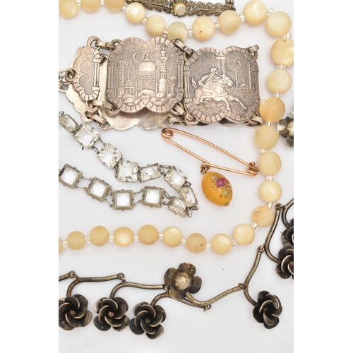 144 - A SMALL ASSORMENT OF JEWELLERY, to include a jet bar brooch, a mother of pearl beaded necklace, a wh... 
