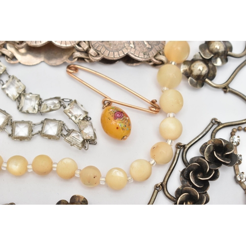 144 - A SMALL ASSORMENT OF JEWELLERY, to include a jet bar brooch, a mother of pearl beaded necklace, a wh... 