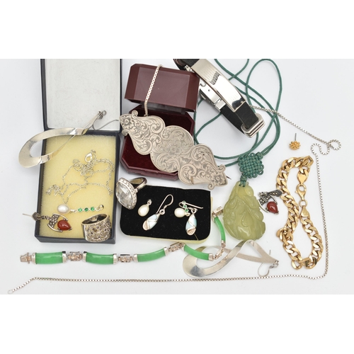 146 - A BOX OF ASSORTED JEWELLERY, to include three pairs of white metal earrings, a white metal and marca... 