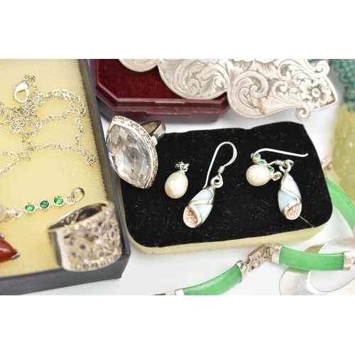 146 - A BOX OF ASSORTED JEWELLERY, to include three pairs of white metal earrings, a white metal and marca... 