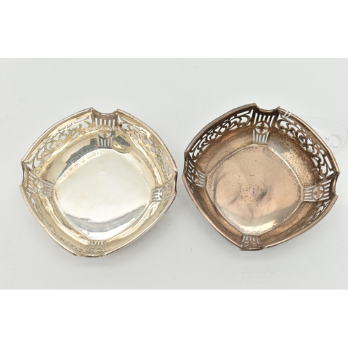 147 - A PAIR OF GEORGE V SILVER BONBON DISHES OF SHAPED SQUARE FORM, foliate and geometric pierced sides, ... 