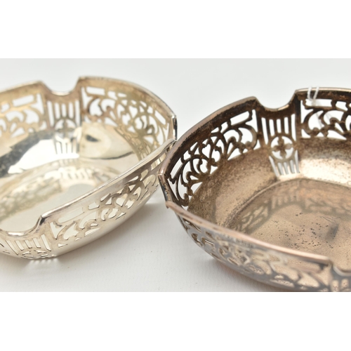 147 - A PAIR OF GEORGE V SILVER BONBON DISHES OF SHAPED SQUARE FORM, foliate and geometric pierced sides, ... 