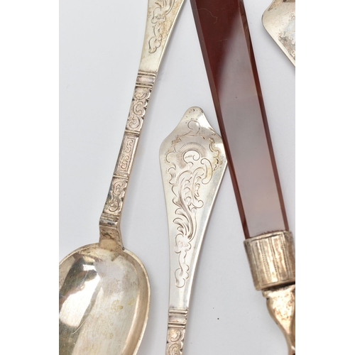 148 - A SET OF FOUR EARLY 20TH CENTURY DANISH SILVER TABLESPOONS, foliate engraved decoration to the handl... 