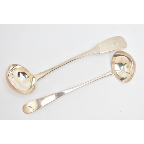 149 - TWO SCOTTISH SILVER SAUCE LADLES, the first a fiddle pattern ladle with monogram engraving, hallmark... 