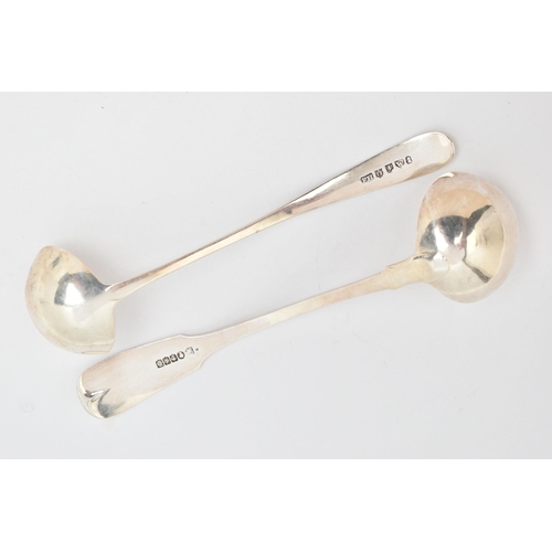 149 - TWO SCOTTISH SILVER SAUCE LADLES, the first a fiddle pattern ladle with monogram engraving, hallmark... 