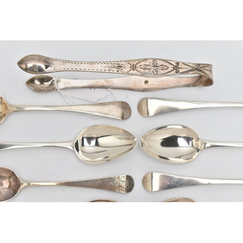 152 - A SMALL PARCEL OF LATE GEORGIAN SILVER FLATWARE, comprising a pair of bright cut sugar tongs, engrav... 