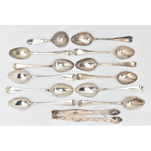 152 - A SMALL PARCEL OF LATE GEORGIAN SILVER FLATWARE, comprising a pair of bright cut sugar tongs, engrav... 