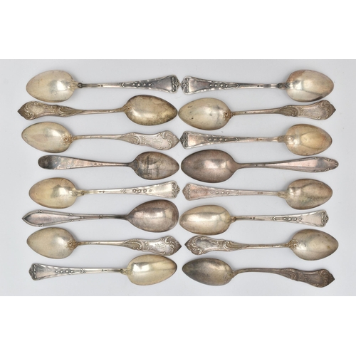 156 - AN ASSORTMENT OF WHITE METAL SPOONS, sixteen white metal spoons, varying designs, fourteen spoons st... 