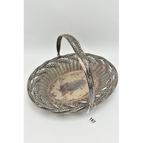 157 - A SILVER PLATE BREAD BASKET, a weaved design basket with wheat detail, embossed with a floral design... 