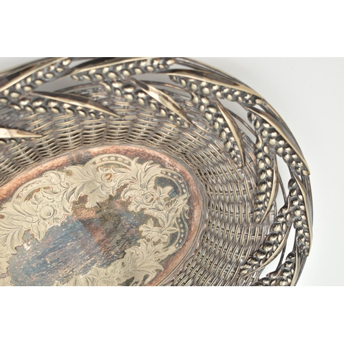 157 - A SILVER PLATE BREAD BASKET, a weaved design basket with wheat detail, embossed with a floral design... 