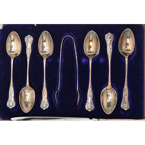 159 - A SMALL ASSORTMENT OF SILVER CUTLERY, to include a cased set of six teaspoons and a pair of sugar to... 