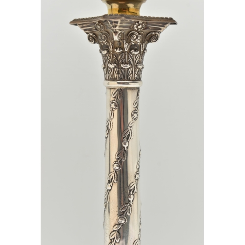 160 - AN EDWARD VII SILVER OIL LAMP, Corinthian column, on a raised square base with floral garland detail... 