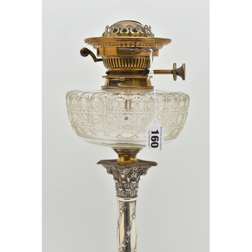 160 - AN EDWARD VII SILVER OIL LAMP, Corinthian column, on a raised square base with floral garland detail... 