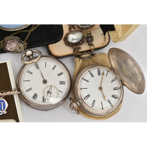 165 - TWO SILVER POCKET WATCHES AND OTHER ITEMS, to include a key wound, open face pocket watch, white dia... 