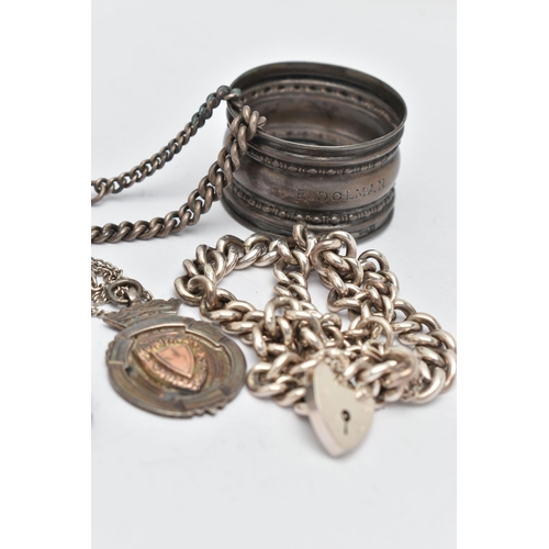 167 - A SMALL ASSORTMENT OF SILVER, to include a silver hinged bangle, a double chain curb link bracelet, ... 