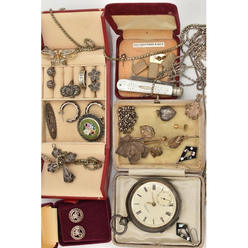 168 - AN ASSORTMENT OF SILVER AND WHITE METAL, to include an AF silver open face pocket watch, hallmarked ... 