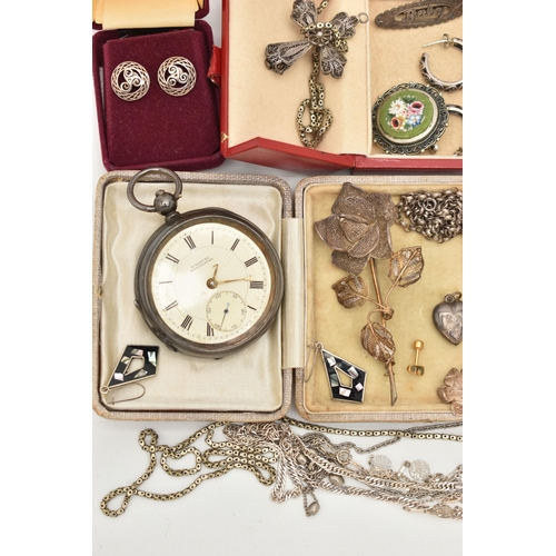 168 - AN ASSORTMENT OF SILVER AND WHITE METAL, to include an AF silver open face pocket watch, hallmarked ... 