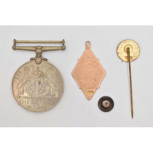 21 - A 12CT GOLD ENAMEL FOB MEDAL AND A DEFENCE MEDAL, to include a diamond shape enamel 'National Deposi... 
