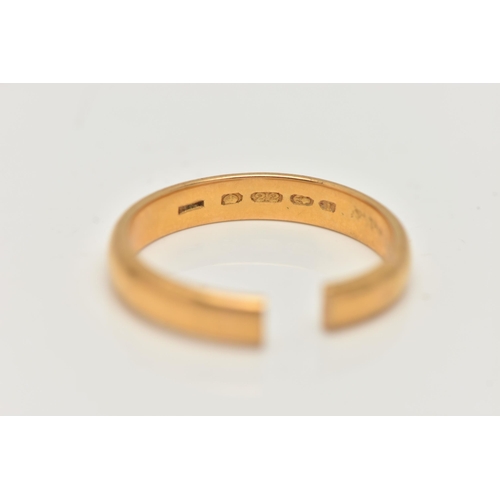 22 - A 22CT GOLD BAND RING, an AF plain polished band, approximate width 3.8mm, hallmarked 22ct Birmingha... 