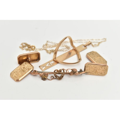 24 - A SMALL ASSORTMENT OF JEWELLERY, to include a pair of 9ct gold chain link cufflinks, hallmarked 9ct ... 