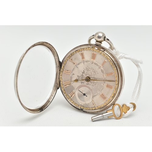 26 - A VICTORIAN OPEN FACE POCKET WATCH, key wound movement, silver tone dial with floral detail, gold to... 