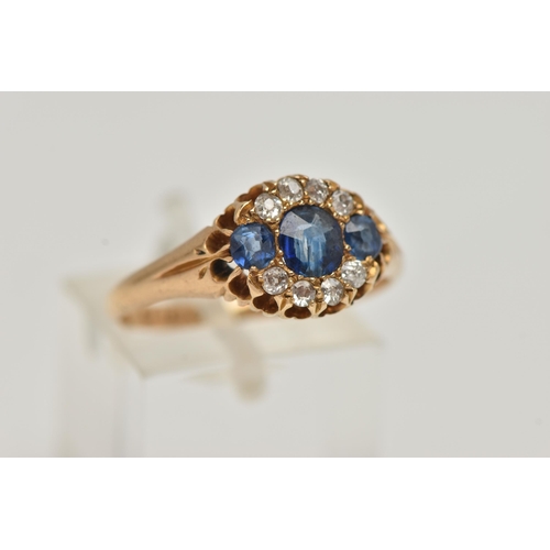 3 - A LATE 19TH CENTURY DIAMOND AND SAPPHIRE RING, three oval mixed cut sapphires, prong set with a surr... 