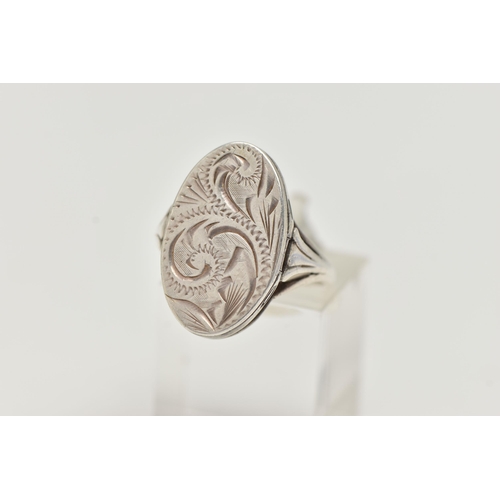 32 - A WHITE METAL POISON STYLE RING, oval form with etched acanthus detail, shank stamped silver, ring s... 
