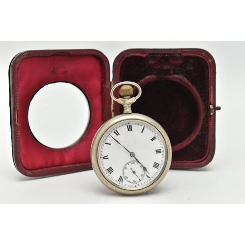 44 - AN OPEN FACE POCKET WATCH WITH CASE, base metal, manual wind pocket watch, round white dial, Roman n... 