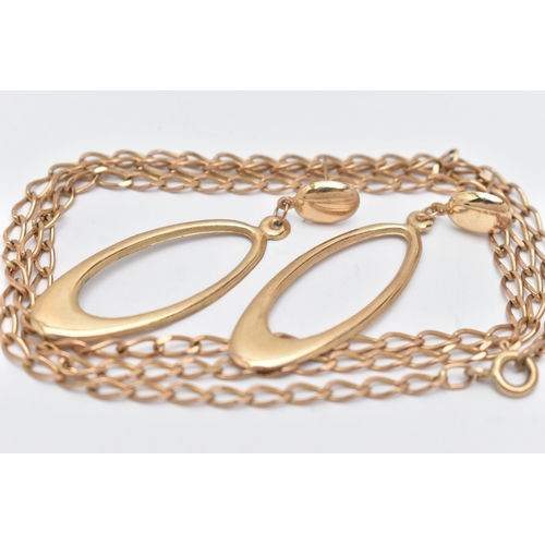 46 - A 9CT GOLD CURB LINK CHAIN AND A PAIR OF YELLOW METAL EARRINGS, chain fitted with a spring clasp, ha... 