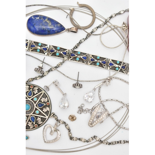 49 - ASSORTED WHITE METAL JEWELLERY, to include an articulated bracelet set with blue cabochon stones, fi... 