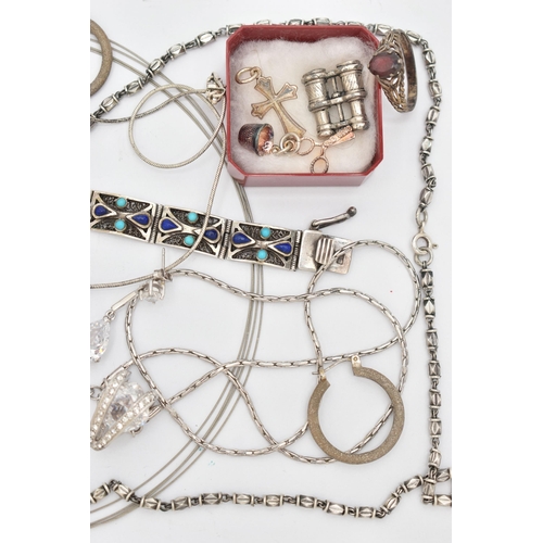 49 - ASSORTED WHITE METAL JEWELLERY, to include an articulated bracelet set with blue cabochon stones, fi... 