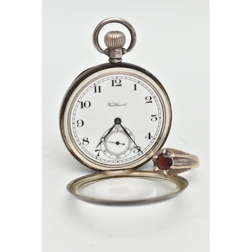 50 - A POCKET WATCH AND RING, the silver Waltham pocket watch with black Arabic numerals, subsidiary dial... 