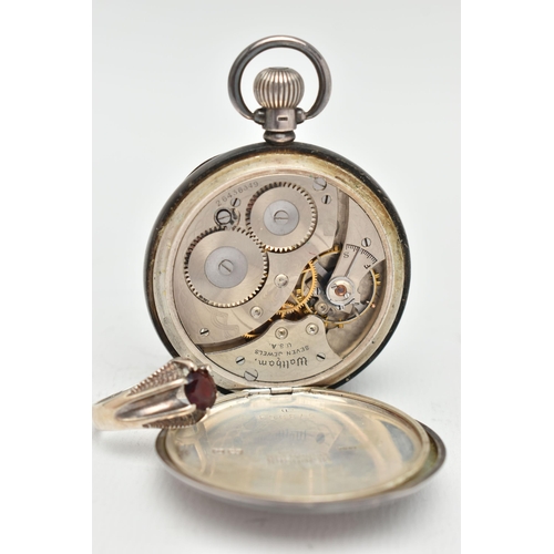 50 - A POCKET WATCH AND RING, the silver Waltham pocket watch with black Arabic numerals, subsidiary dial... 