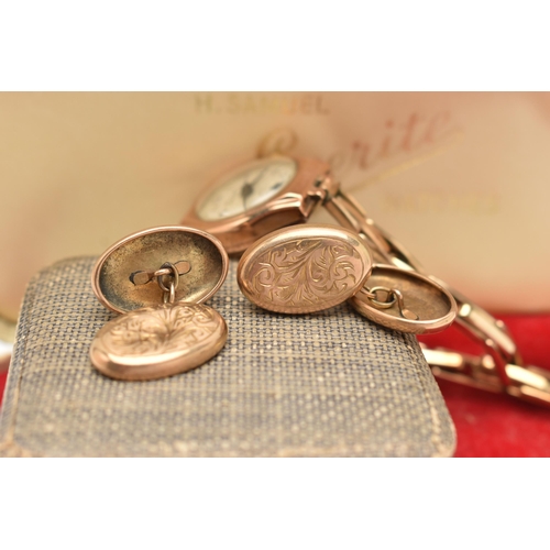 51 - A PAIR OF 1920'S 9CT GOLD CUFFLINKS AND A 9CT WRISTWATCH, the oval cufflinks with engraved scrolling... 